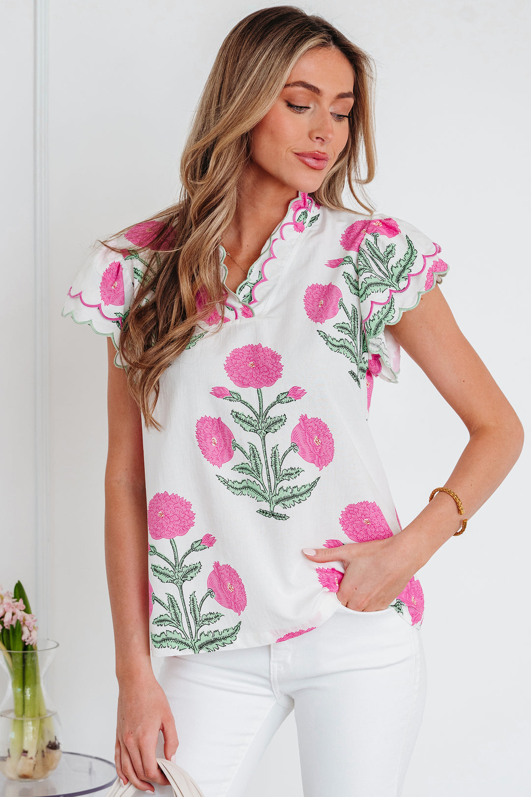 Wild Flower Print Contrast Trim Scallop Detail Short Sleeve Blouse