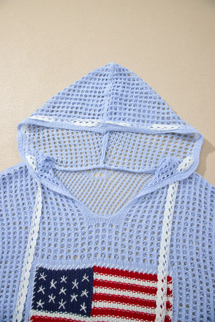 Beau Blue Hollow Out Crochet Knit American Flag Patched Sweater Hoodie
