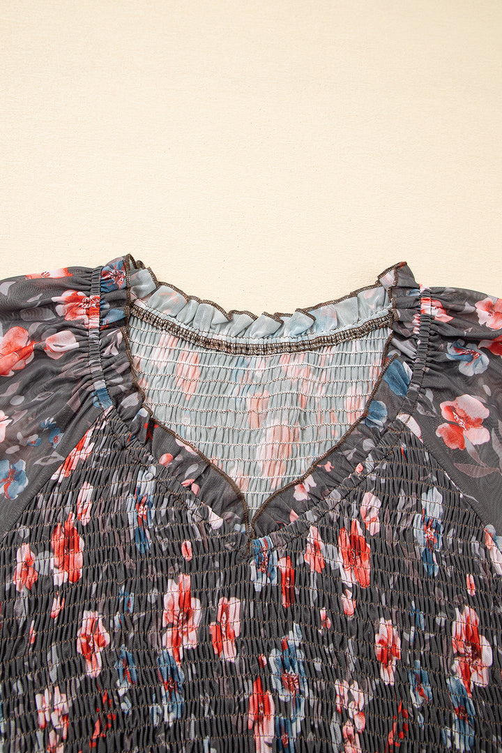 Frilly Smocked Bodice Floral Mesh Long Sleeve Mini Dress