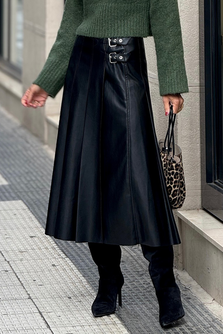 Black Faux Leather Retro Buckle Detail Pleated Stitch Flared Midi Skirt
