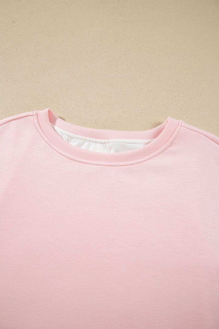 Pink Color Contrast Overlay Long Sleeve Top Drawstring Loose Pant Set