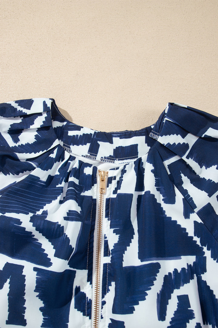 Blue Abstract Geometric Print Zip Front Shift Dress