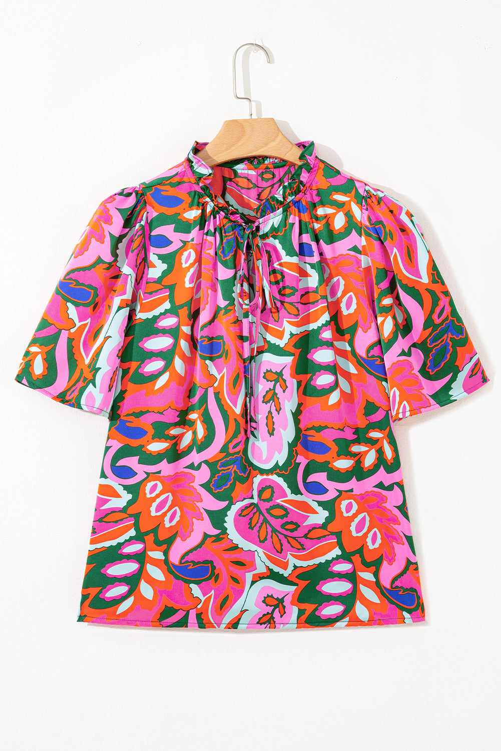Summer Plant Print Lace up V Neck Short Sleeve Blouse