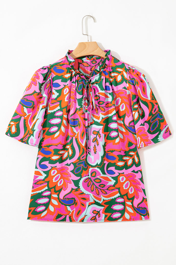 Summer Plant Print Lace up V Neck Short Sleeve Blouse