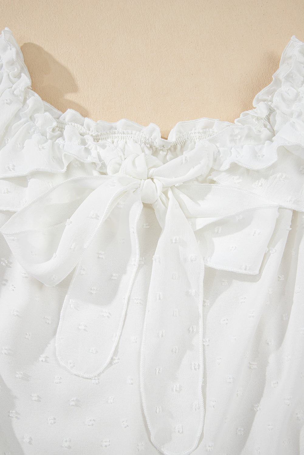 off shoulder ruffle knotted detail swiss dot blouse