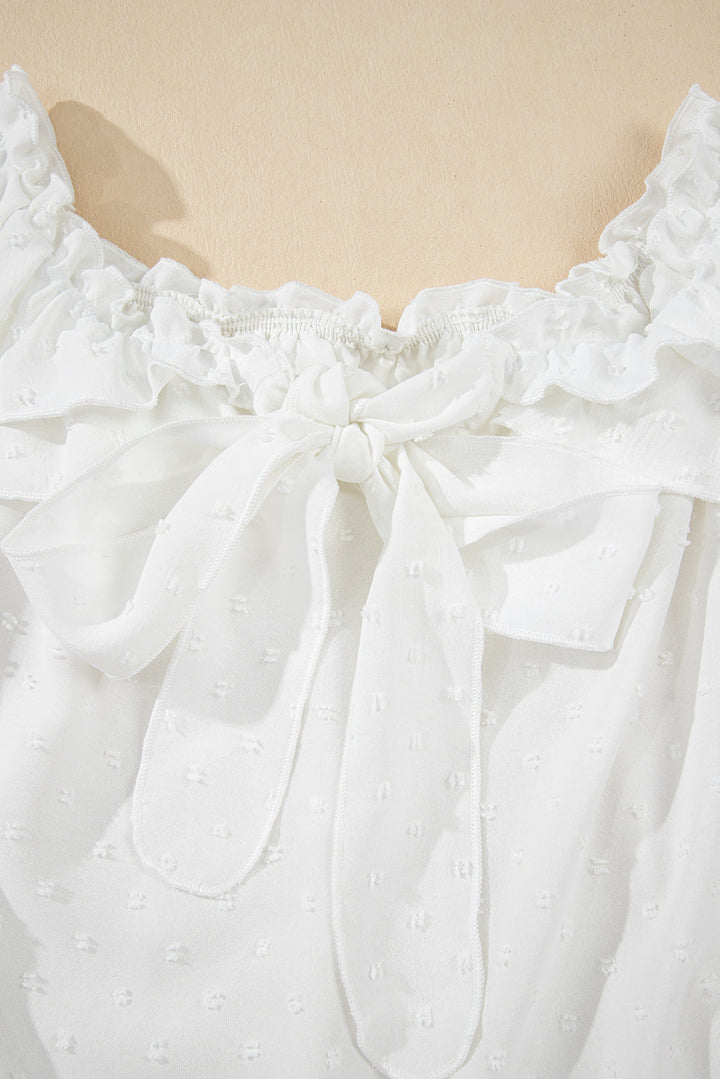 off shoulder ruffle knotted detail swiss dot blouse