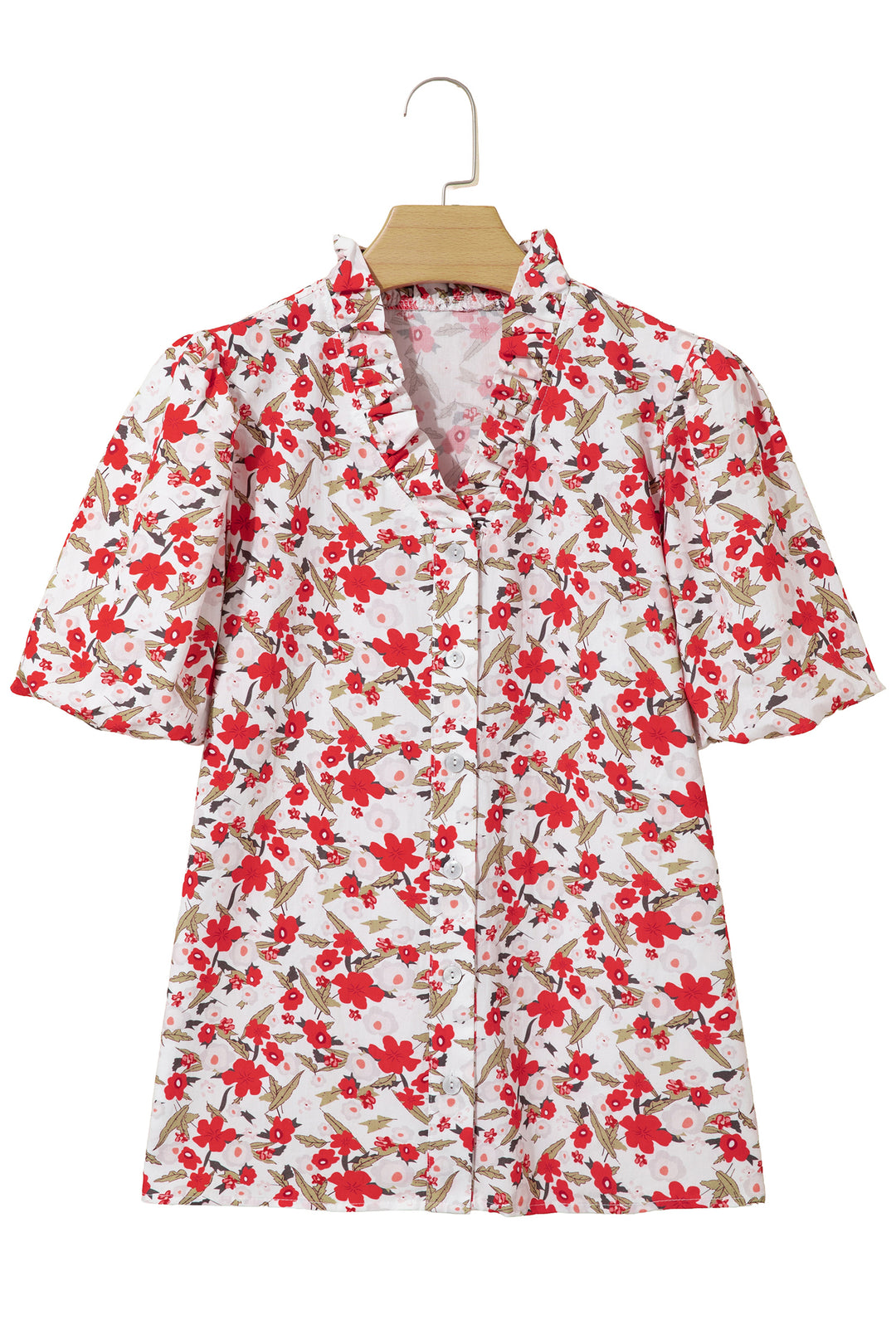 Red Floral Print Short Puff Sleeve Button Front Shirt