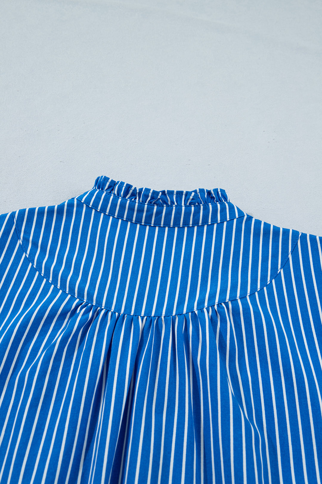 Blue Stripe Ruffled Short Puff Sleeve Button Front Blouse