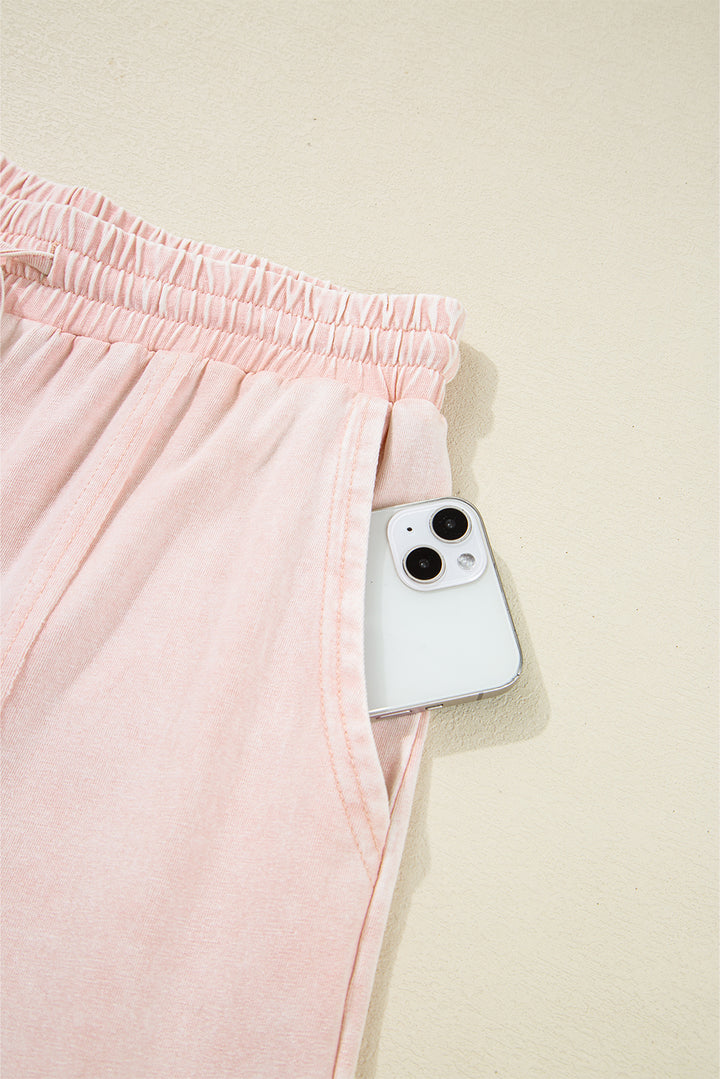 Pink Flower Patch Mineral Washed Terry Knit Cropped Wide Leg Pants
