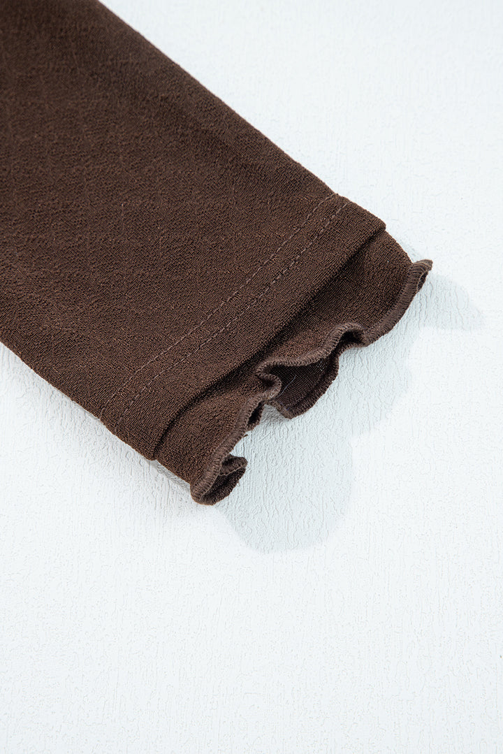 Cinnamon Lettuce Trim Raw Seam Jacquard Long Sleeve Top