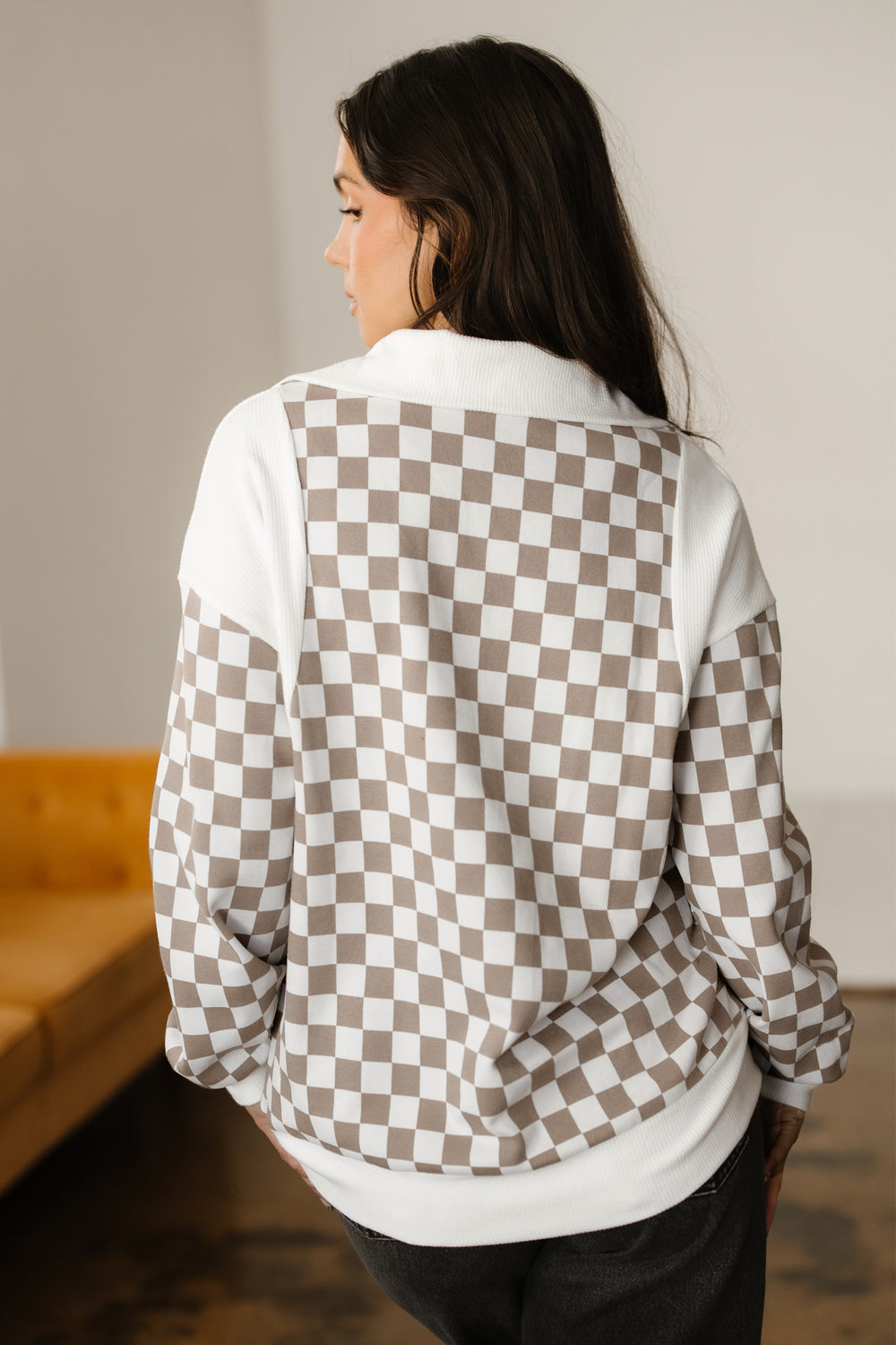 Checkered Print Quarter Zip Ribbed Patchwork Loose Sweatshirt