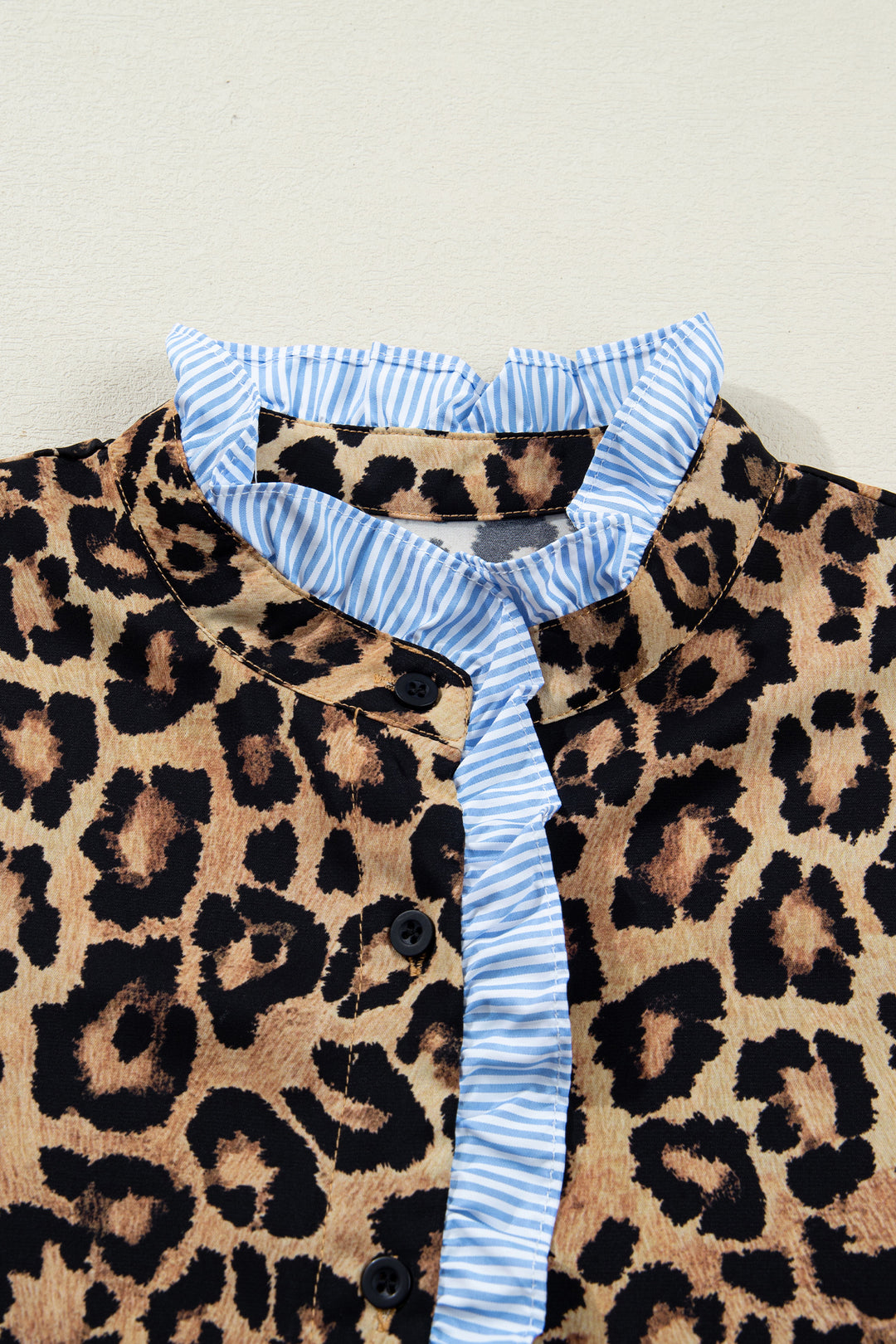 Wild Leopard Print Contrast Striped Frilled Trim Chic Shirt