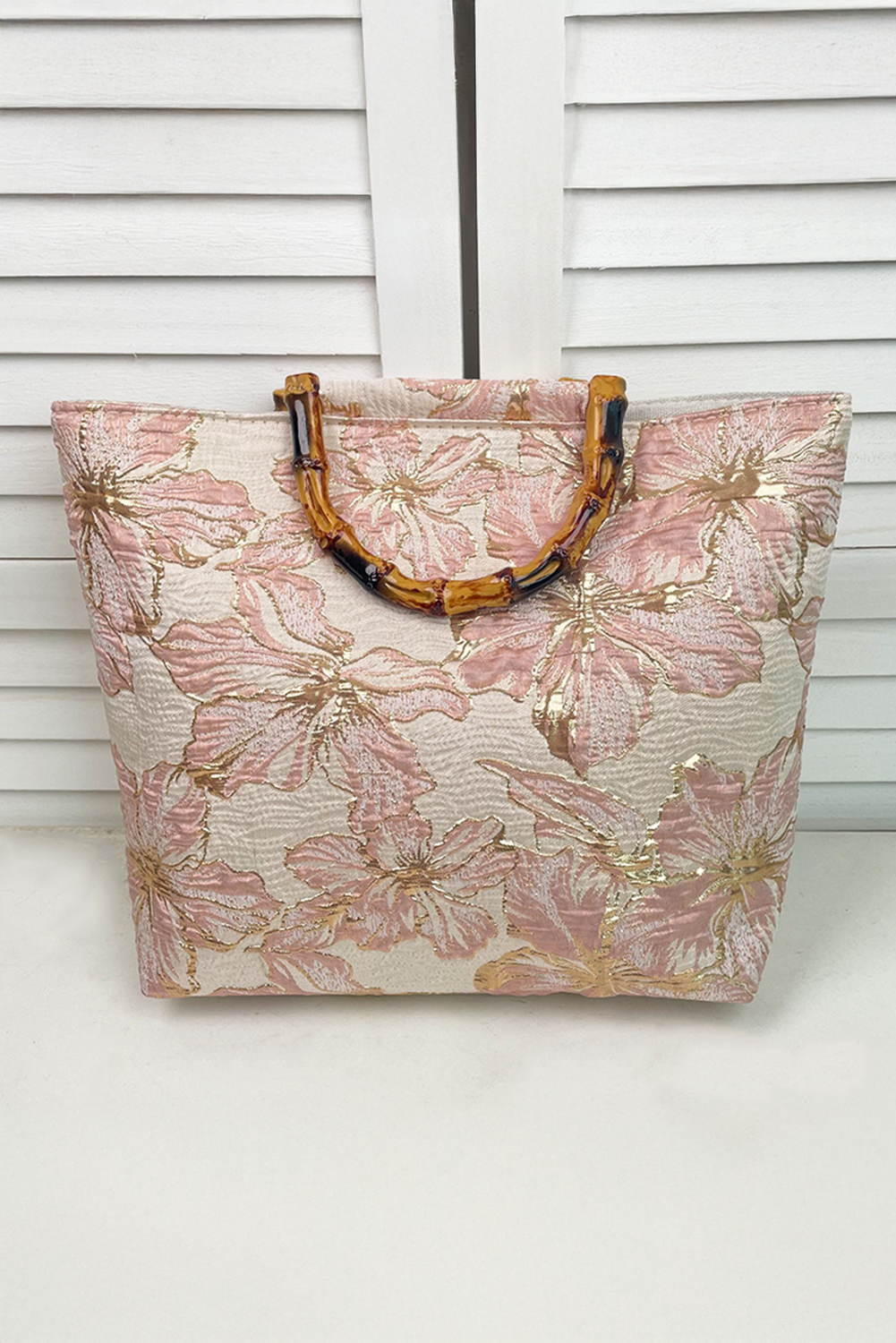 Flower Canvas Tote Bag with Bamboo Handle