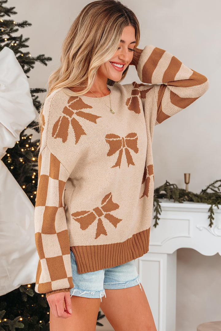 Ribbon Bow Print Checkered Striped Sleeve Drop Shoulder Sweater