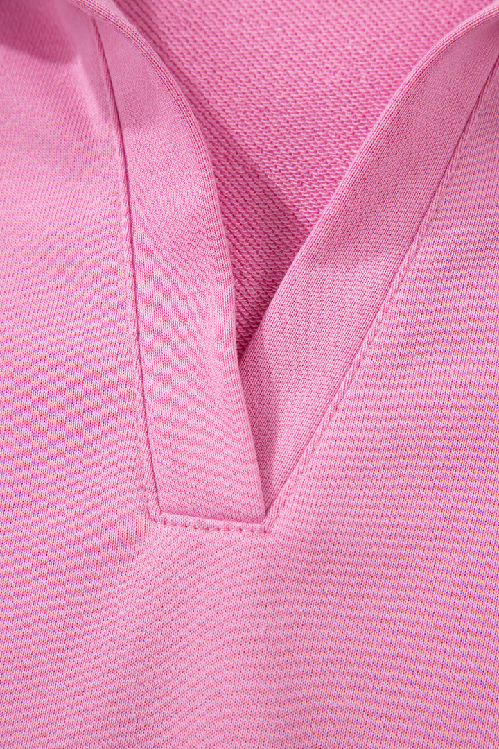 Bright Pink Polo Collar Pullover and Drawstring Sweatpants Set