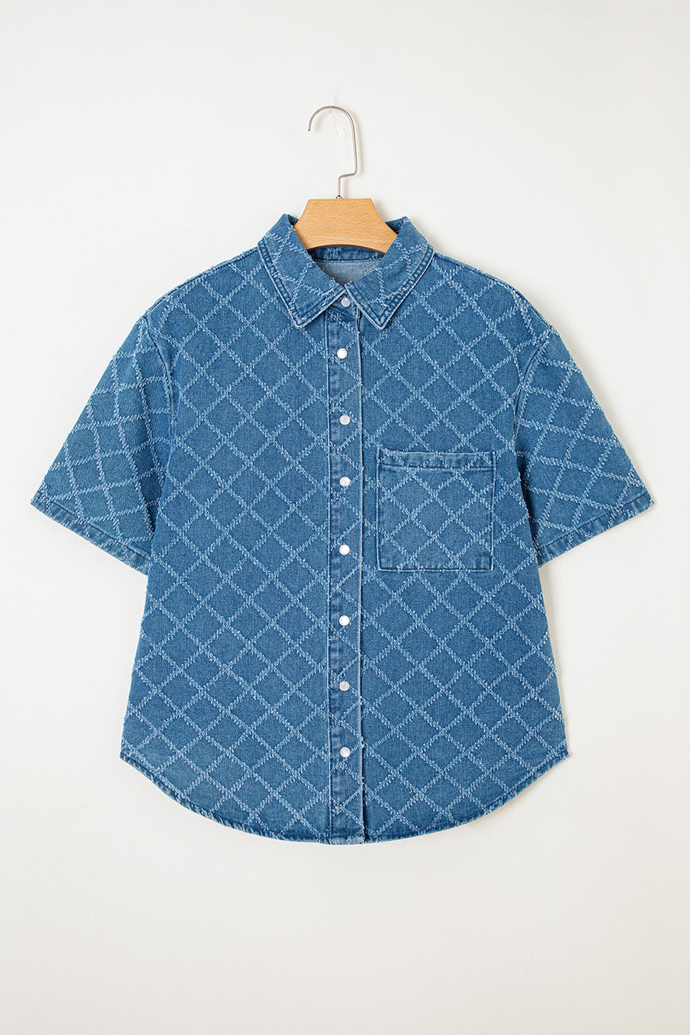 checkered textured short sleeve patched pocket denim shirt