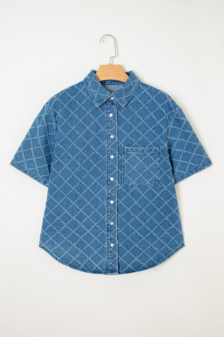 checkered textured short sleeve patched pocket denim shirt