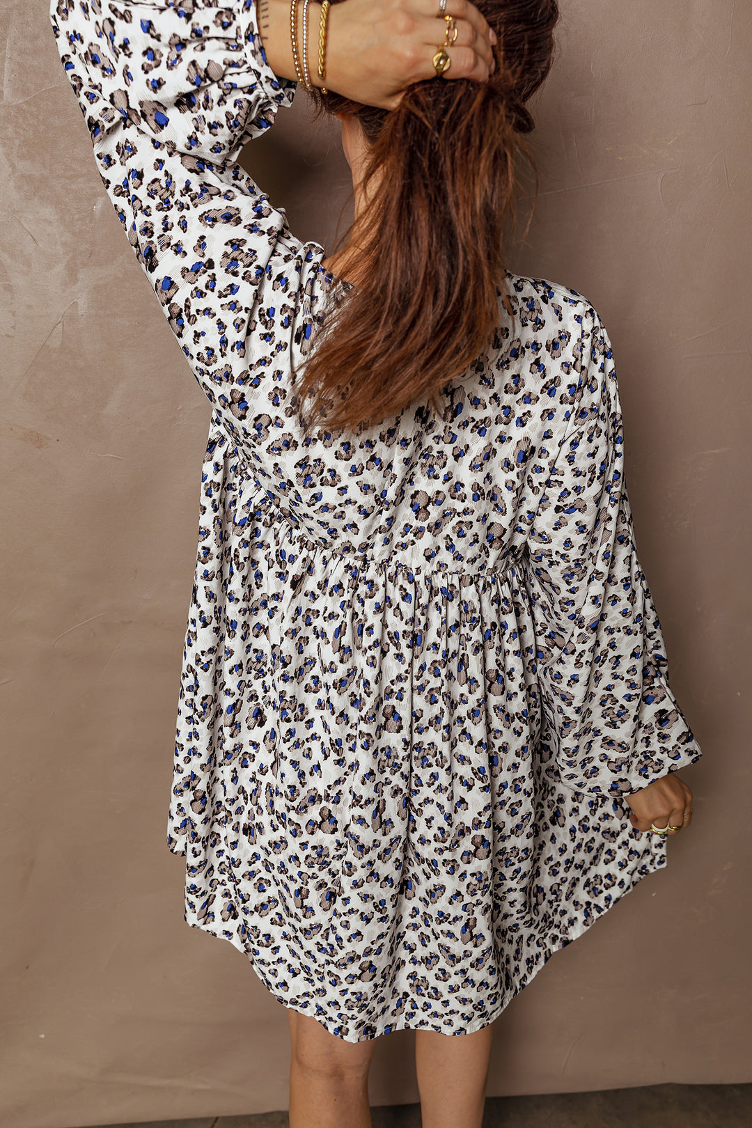 Leopard Print V Neck Button Detail Long Sleeve Mini Dress