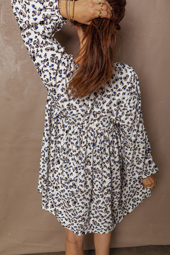 Leopard Print V Neck Button Detail Long Sleeve Mini Dress