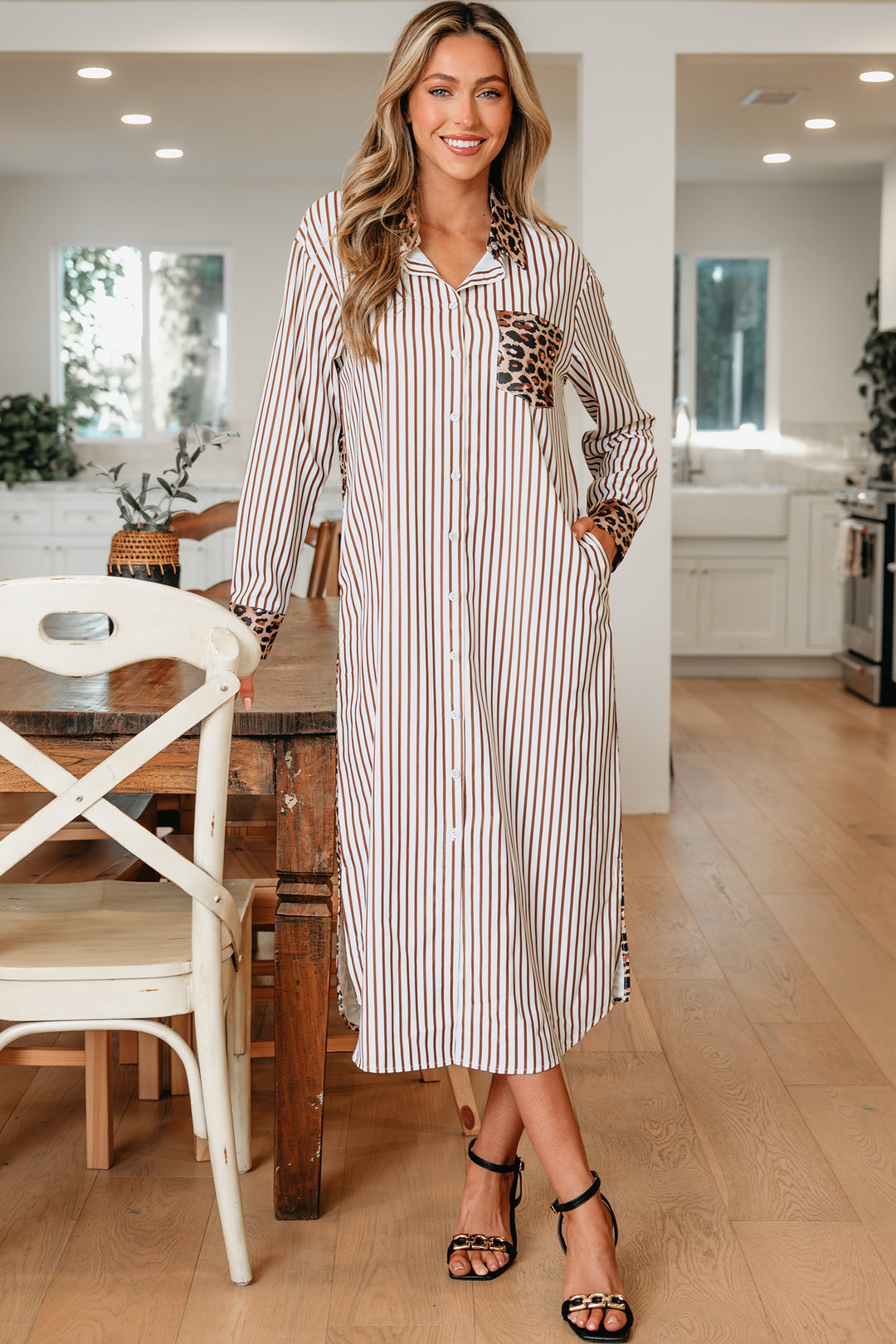 Contrast Leopard Patchwork Long Shirt Dress with Slits