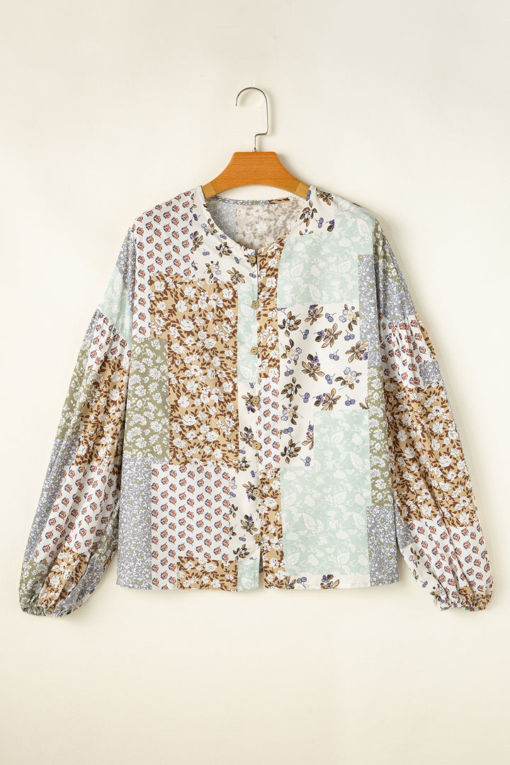 Floral Patchwork Print Long Puff Sleeve Shirt