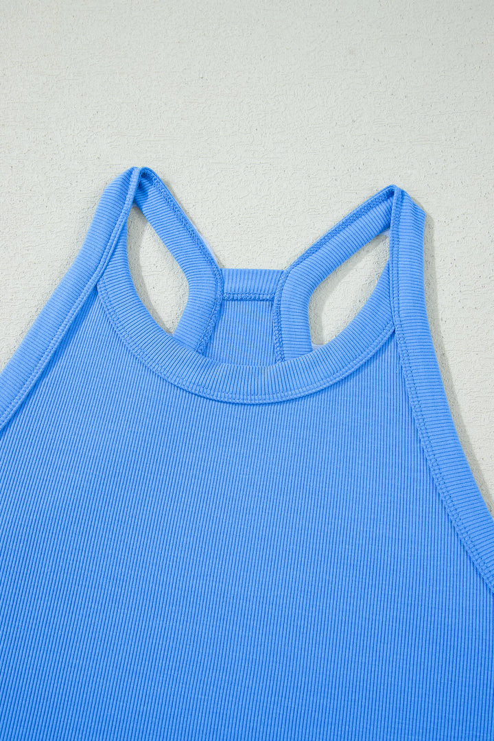 Sky Blue Slim Tank Top Elastic High Waist Shorts 2pcs Outfit