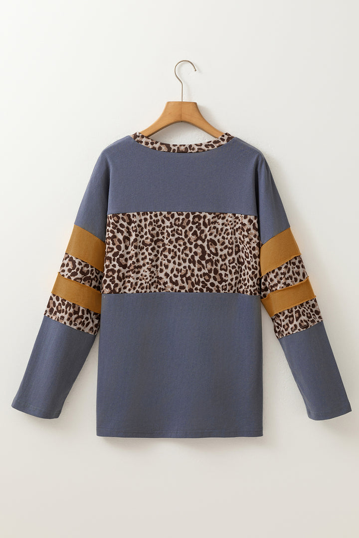 Leopard Colorblock Patchwork Long Sleeve 100%Cotton Top
