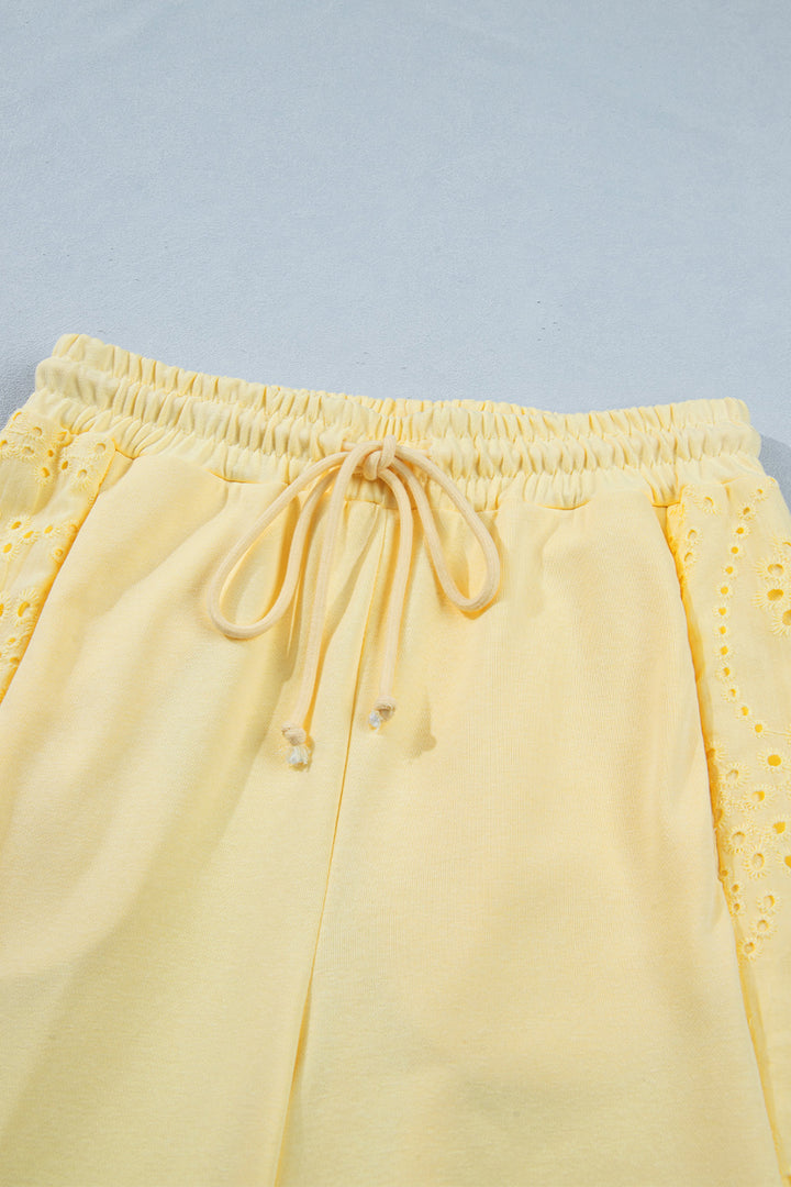 Yellow Cream Lace Patchwork Half Sleeve Top Elastic Waist Pants Two Piece Set