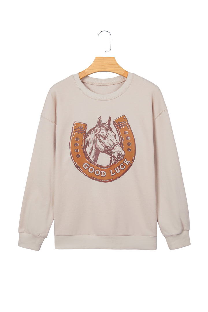 Beige GOOD LUCK Western Horse Print Oversized Pullover Sweatshirt