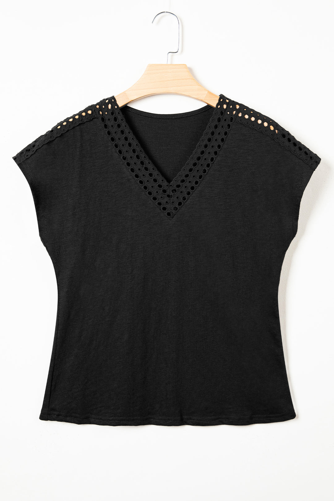Black Cutout Embroidered Trim V Neck Cap Sleeve Tee