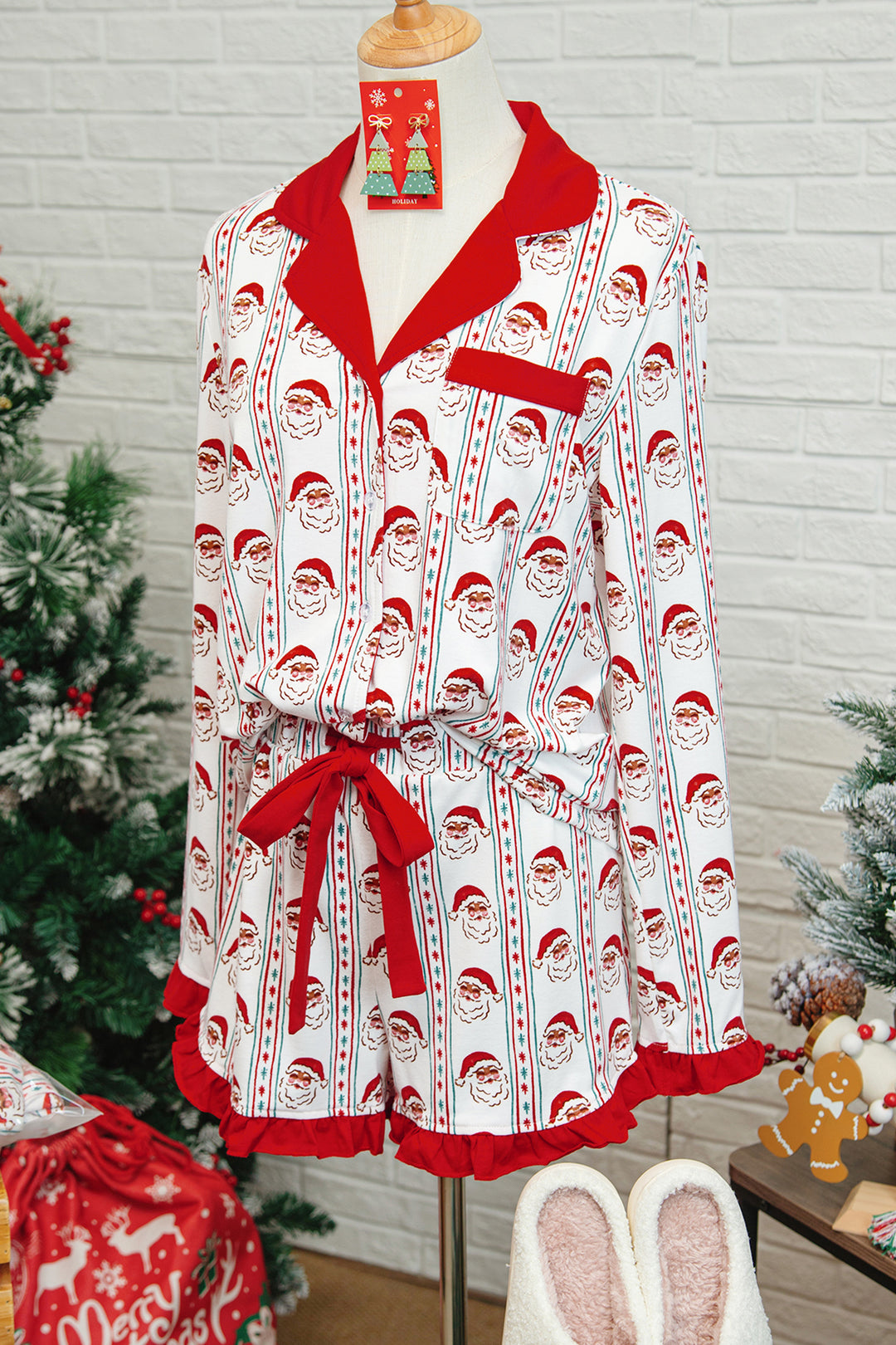 White Santa &amp; Stripes Ruffle PJ Set