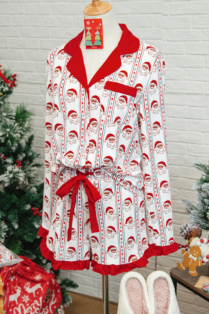 White Santa &amp; Stripes Ruffle PJ Set