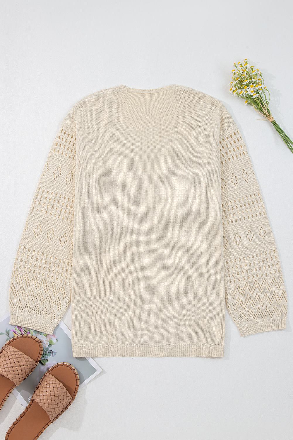 Smoke Gray Hollowed Knit Open Front Cardigan Sweater