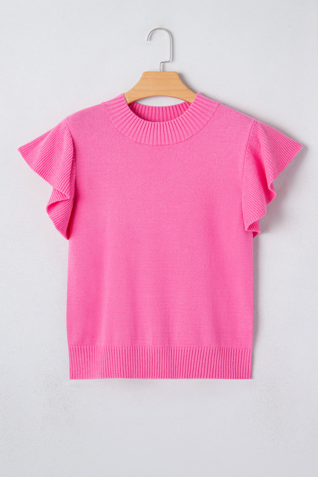 Solid Color Ribbed Trim Round Neck Ruffle Short Sleeve Sweater