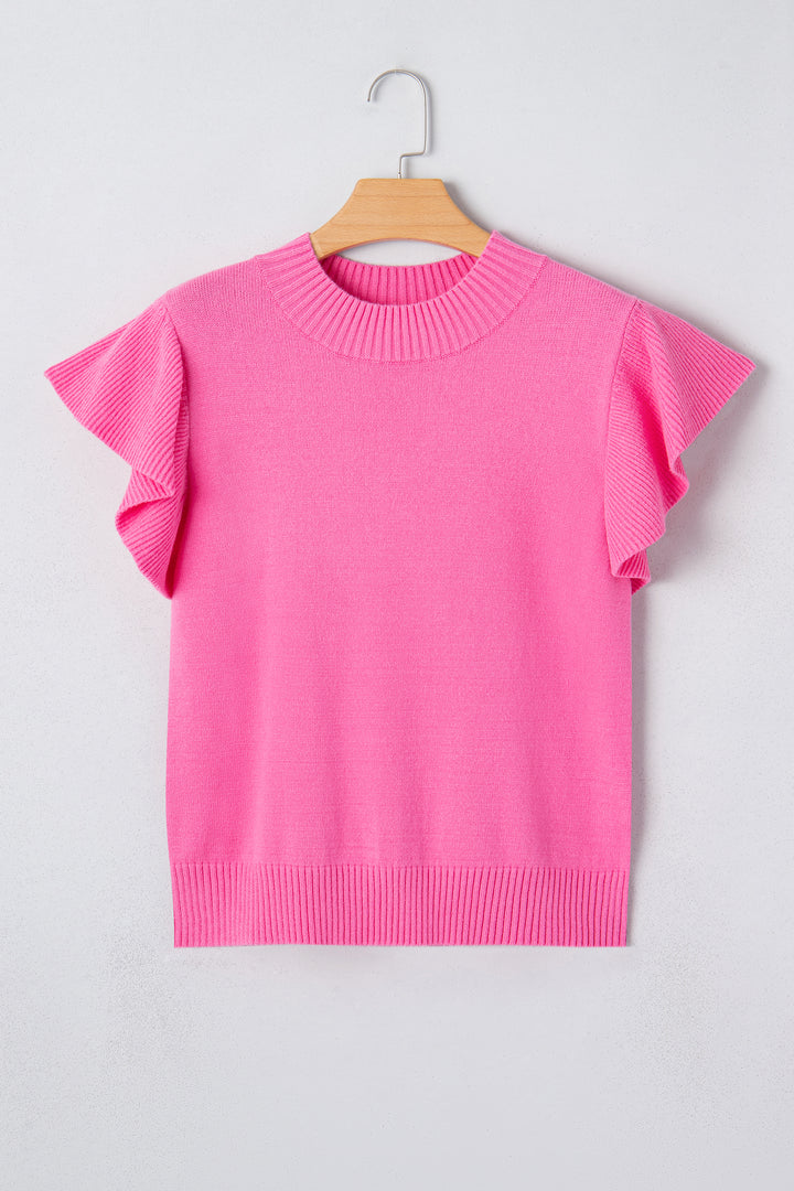 Solid Color Ribbed Trim Round Neck Ruffle Short Sleeve Sweater