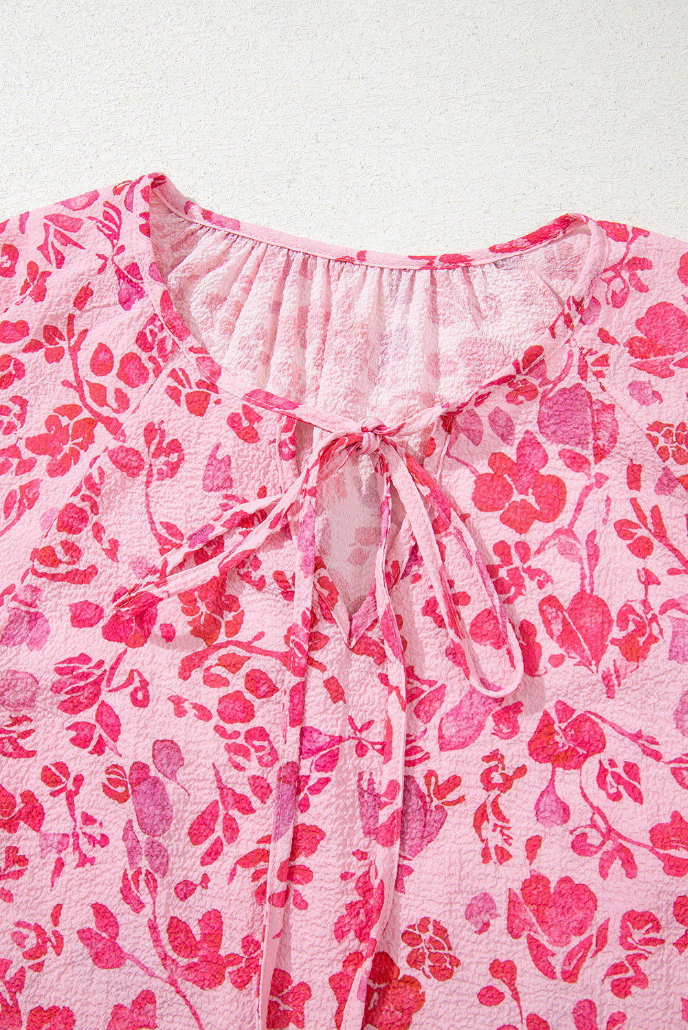 Floral Puff Sleeve Split Neck Lightweight Blouse
