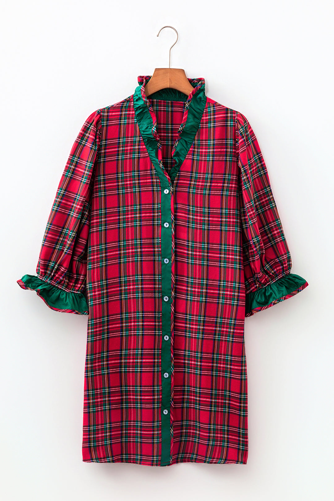 Red Plaid Ruffle Cuff Button Front Pocket Mini Dress