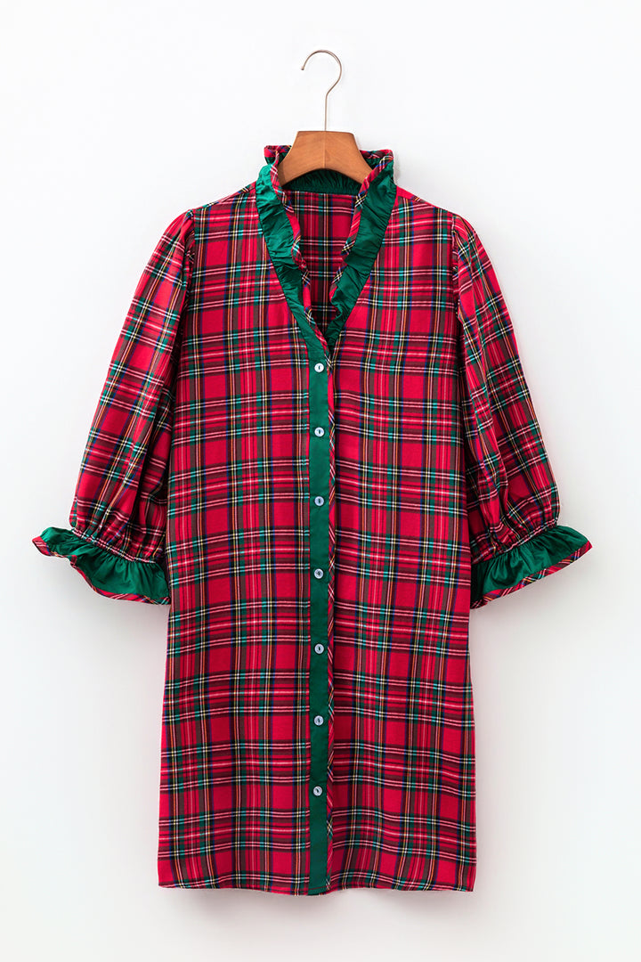 Red Plaid Ruffle Cuff Button Front Pocket Mini Dress