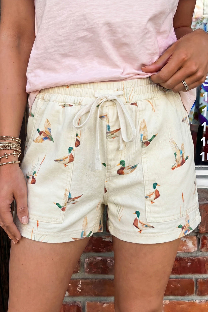 Beige Wild Duck Mallard Printed Drawstring Denim Shorts