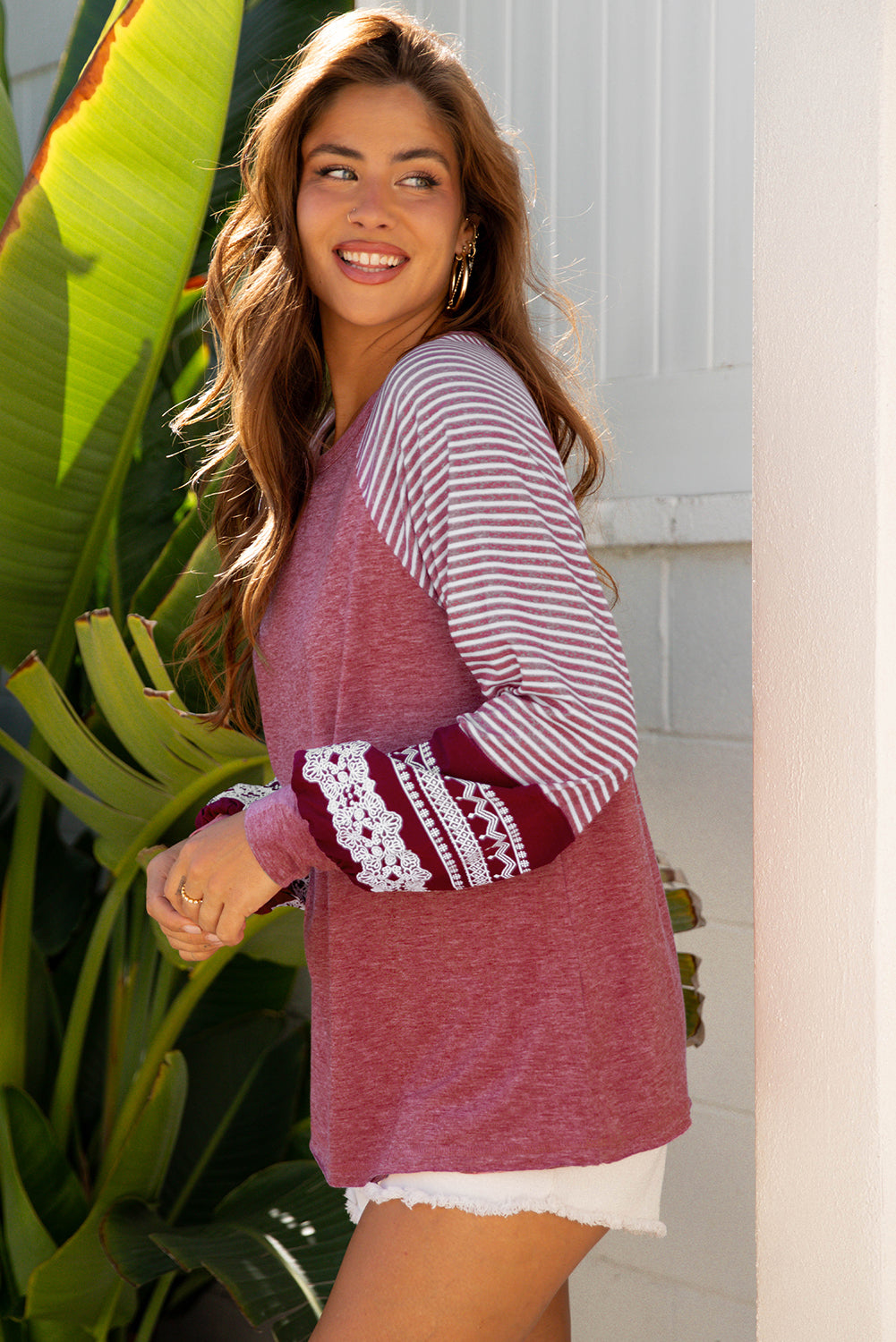 Burgundy Contrast Print Striped Raglan Long Sleeve Loose Top