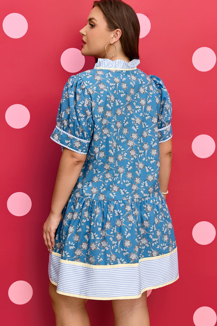Blue Plus Size Floral Print Striped Patchwork Detail Button Front Ruffle Hem Dress