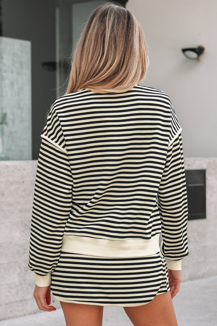 Black Stripe Textured Pullover Top Drawstring Mini Skort Two Piece Dress Set