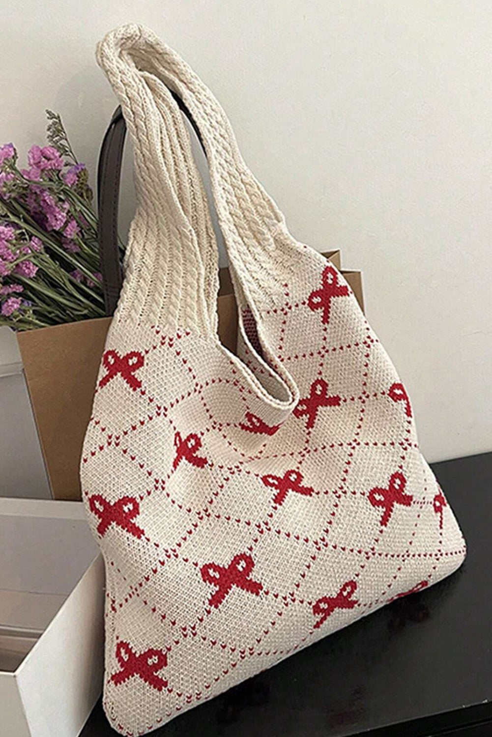 Bow Argyle Pattern Cable Knit Handle Tote Bag