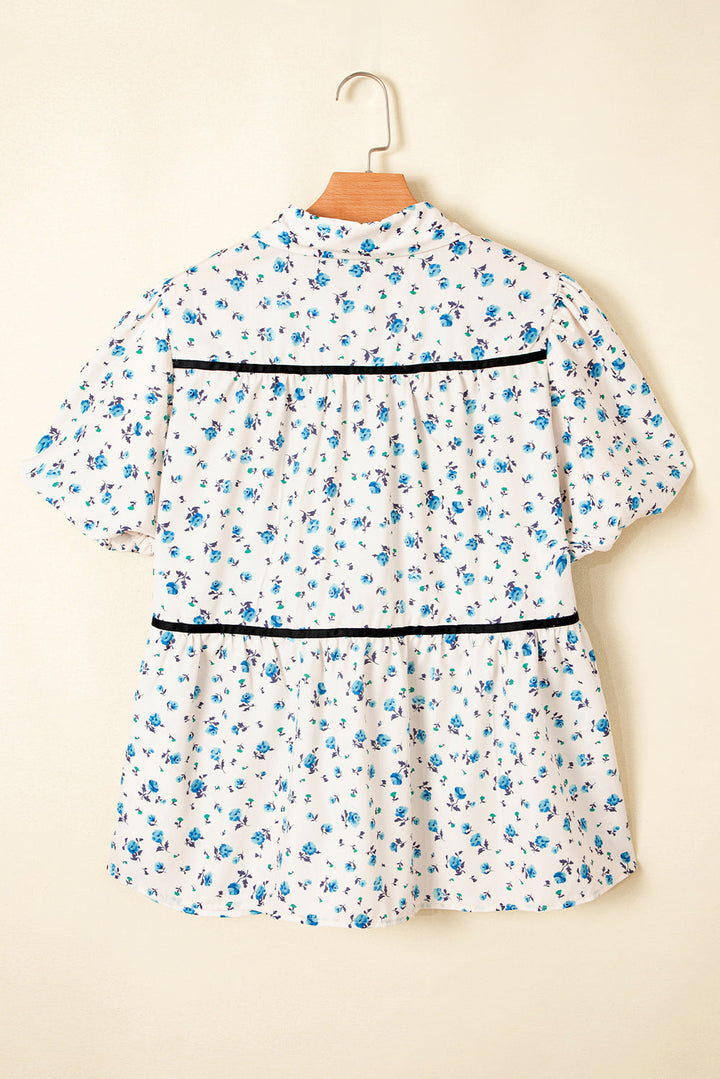 contrast trim floral puff short sleeve shirt