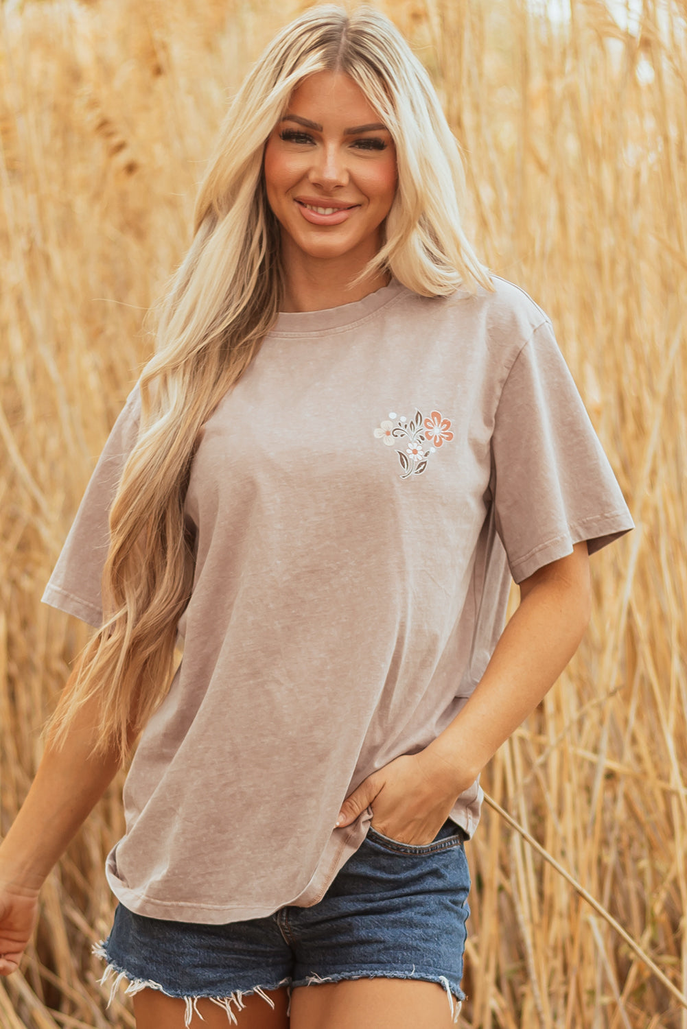 Mineral Wash Floral Steer Head Printed Back Western Fashion Tee