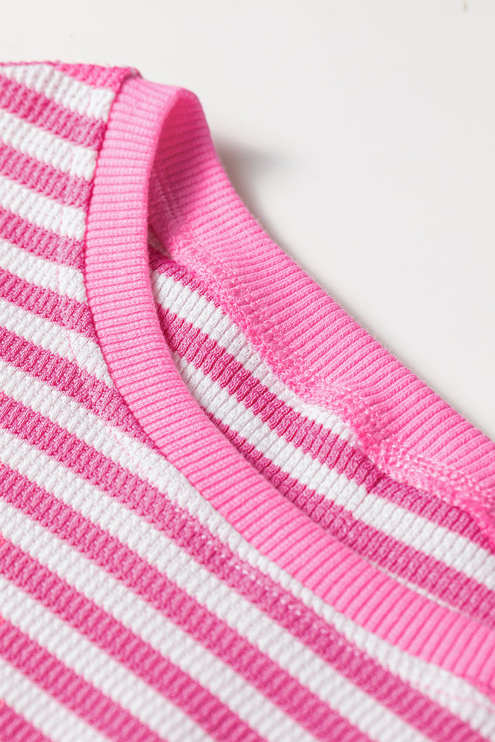 Pink Stripe Textured Knit Trim Split Hem Long Sleeve Top