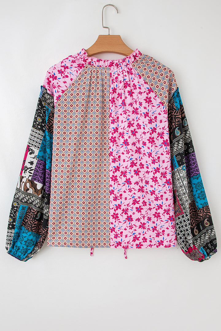 Boho Mixed Floral Drop Shoulder Bubble Sleeve Blouse