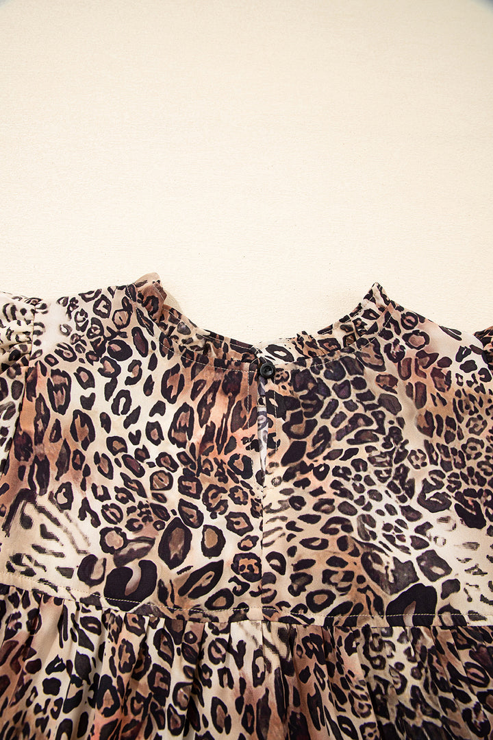 Leopard Ruffled Detail Long Sleeve Loose Mini Dress