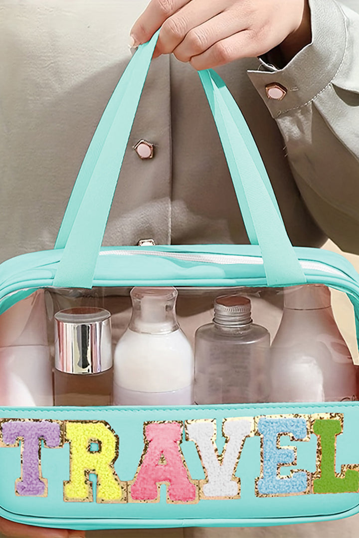 Trousse de maquillage TRAVEL en PVC transparent avec lettres en chenille