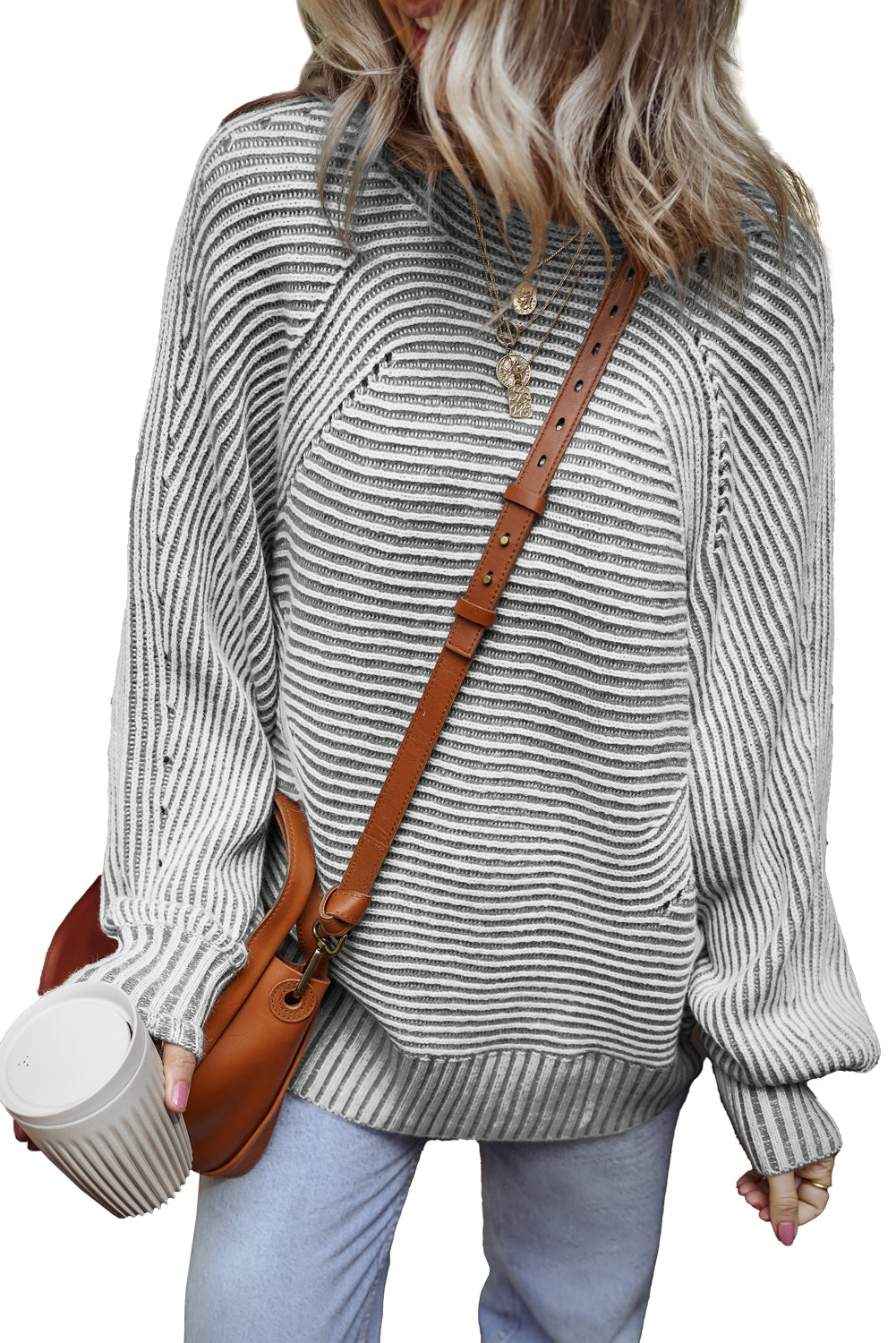 Striped Print Ribbed Knit Boat Neck Baggy Sweater
